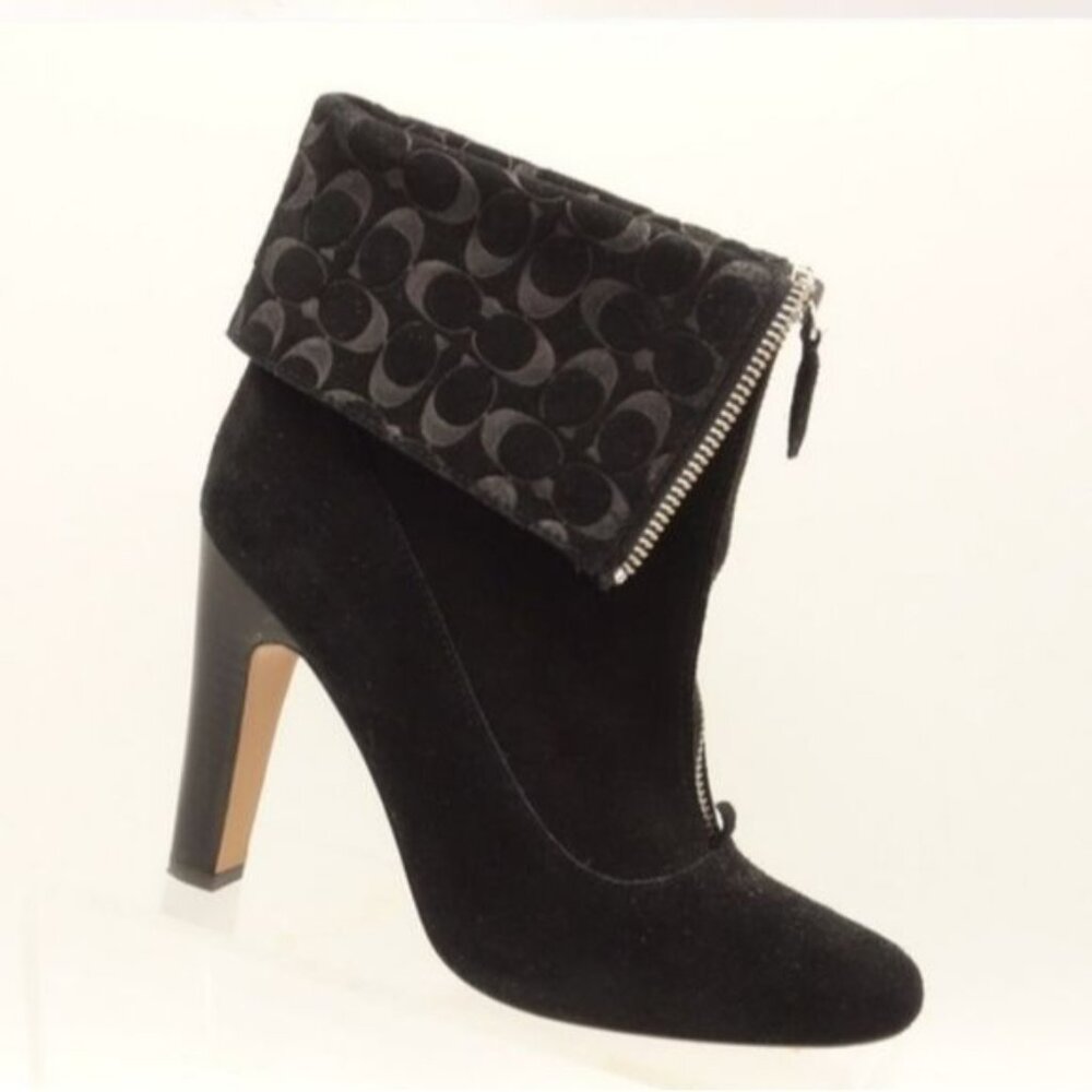 Coach Hayley 8 black suede leather logo bootie fold over heels - Picture 2 of 13